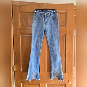 MISS DAREEN High Rise Rhinestone Fringe Split Hem Flare Jeans - Y2K Maximalist